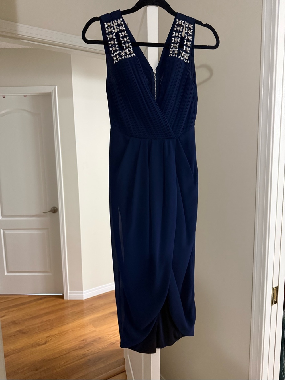 Teri Jon Navy Embellished Midi Dress
